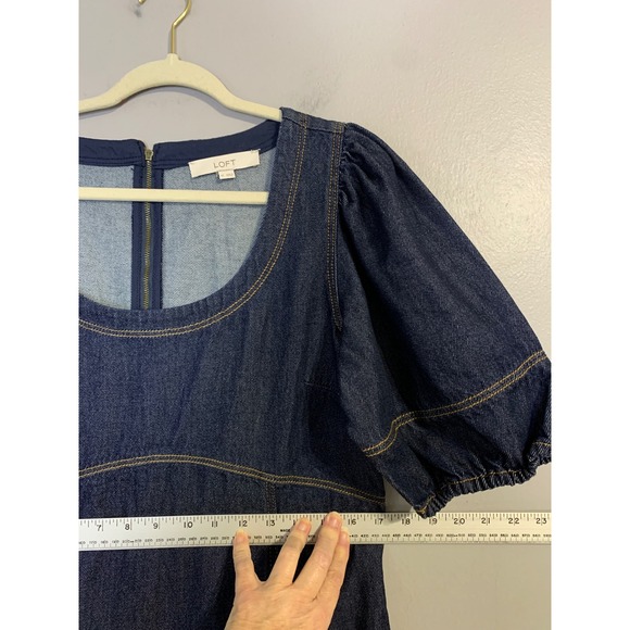 LOFT Denim Swing Dress Puff Sleeve Square Neck Dark Wash Size 10 - Picture 9 of 12